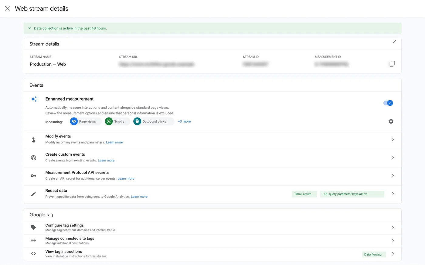GA4 web stream details for the production web stream: data collection active in the past 48 hours, enhanced measurement on (page views, scrolls, outbound clicks and 3 more), data redaction active for email and URL query parameter keys, Google tag status Data flowing.