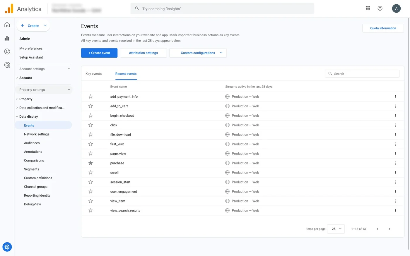 GA4 events list for the property, 13 events on the production web stream: add_payment_info, add_to_cart, begin_checkout, click, file_download, first_visit, page_view, purchase (marked as key event), scroll, session_start, user_engagement, view_item and view_search_results.