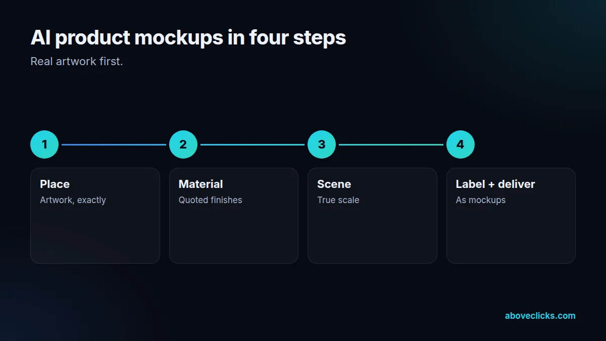 Four steps of AI product mockups: place, material, scene, label and deliver