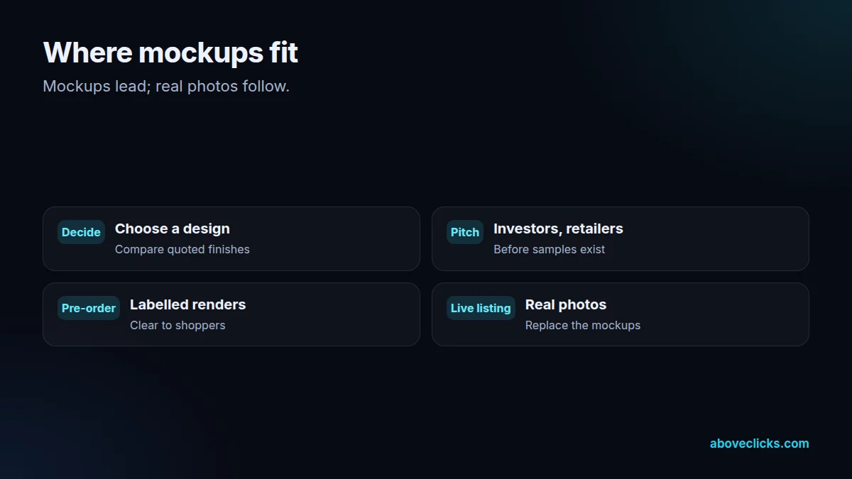 Where AI product mockups fit: decisions, pitches, pre-orders and launch posts; real photos for live listings