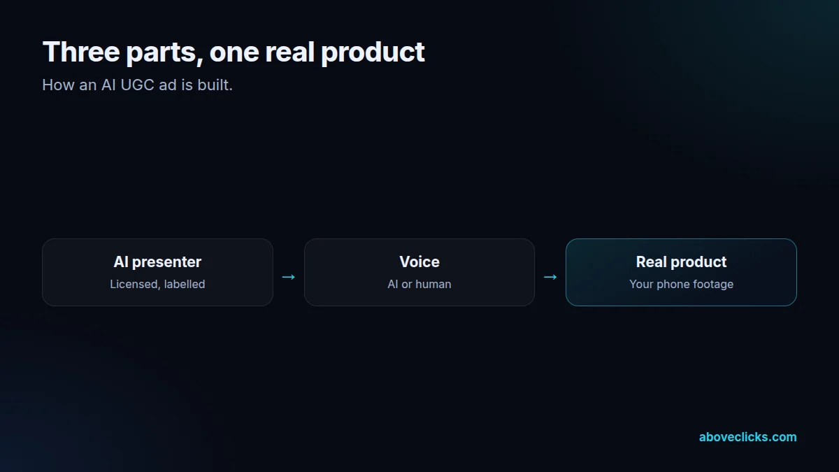 AI UGC ads are built from three parts: a licensed AI presenter, a voice and real product footage