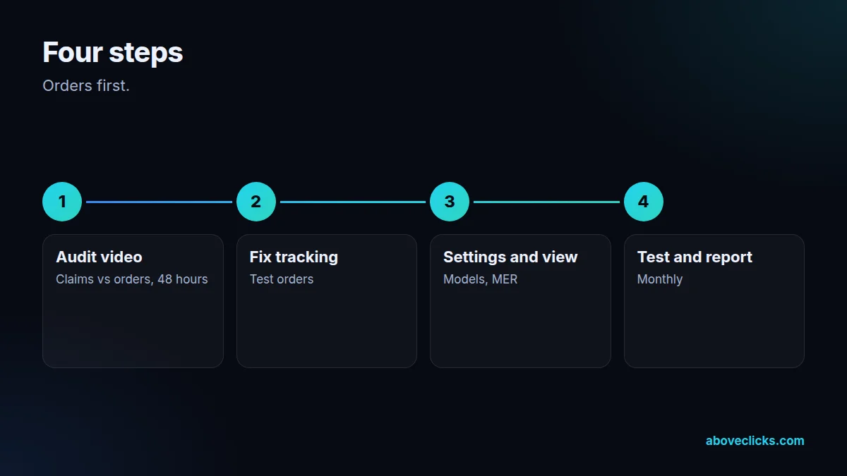 Four steps of our ecommerce attribution work: PDF audit and video meeting, tracking fixes, settings and budget view, tests and monthly report