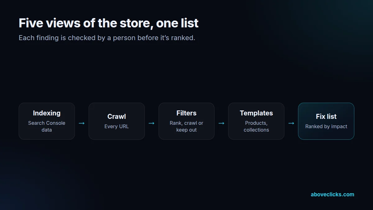 Ecommerce SEO audit flow: indexing data, crawl, filters, templates and a ranked fix list