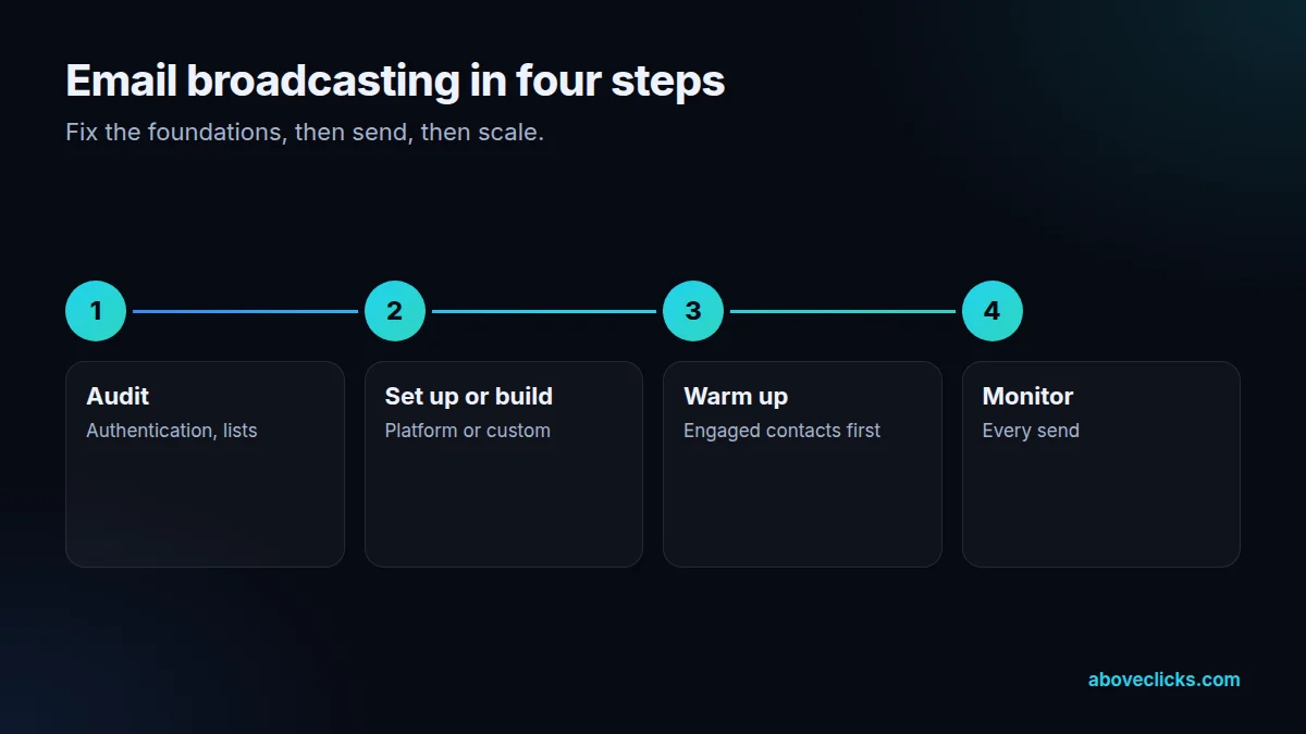 Four steps of our email broadcasting setup: audit, set up or build, warm up, monitor