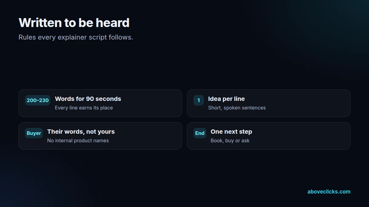Explainer video script length: about 200 to 230 spoken words for 90 seconds, one idea per line