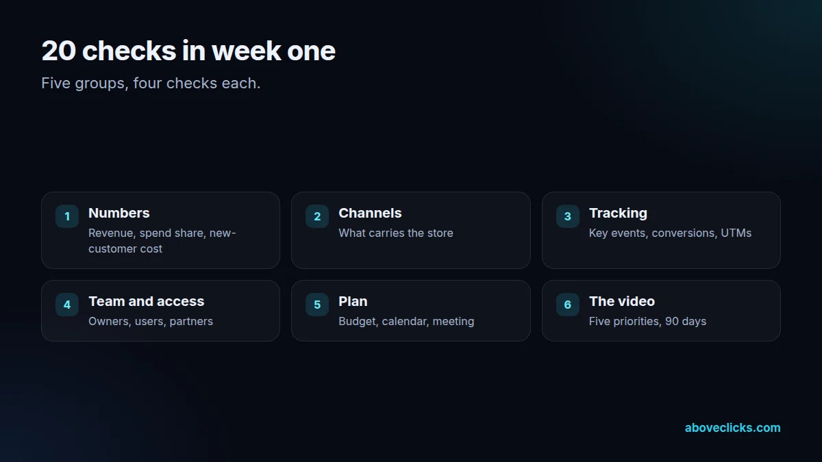 Fractional CMO audit: 20 checks across numbers, channels, tracking, team and access, and plan