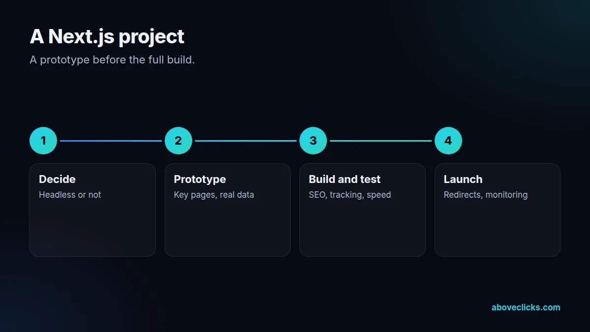 Four steps of a Next.js development project: decide, prototype, build and test, launch