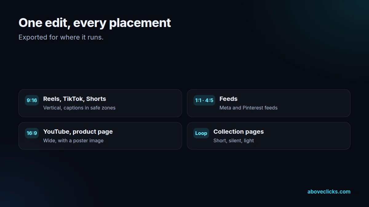 Product video exports by placement: 9:16, 1:1, 4:5 and 16:9 for product pages, Amazon, Meta, TikTok and YouTube