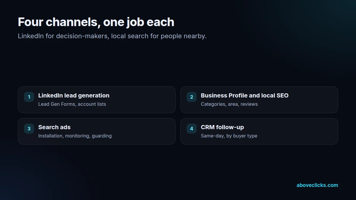 Security company marketing channels: LinkedIn, Business Profile and local SEO, search ads, CRM follow-up