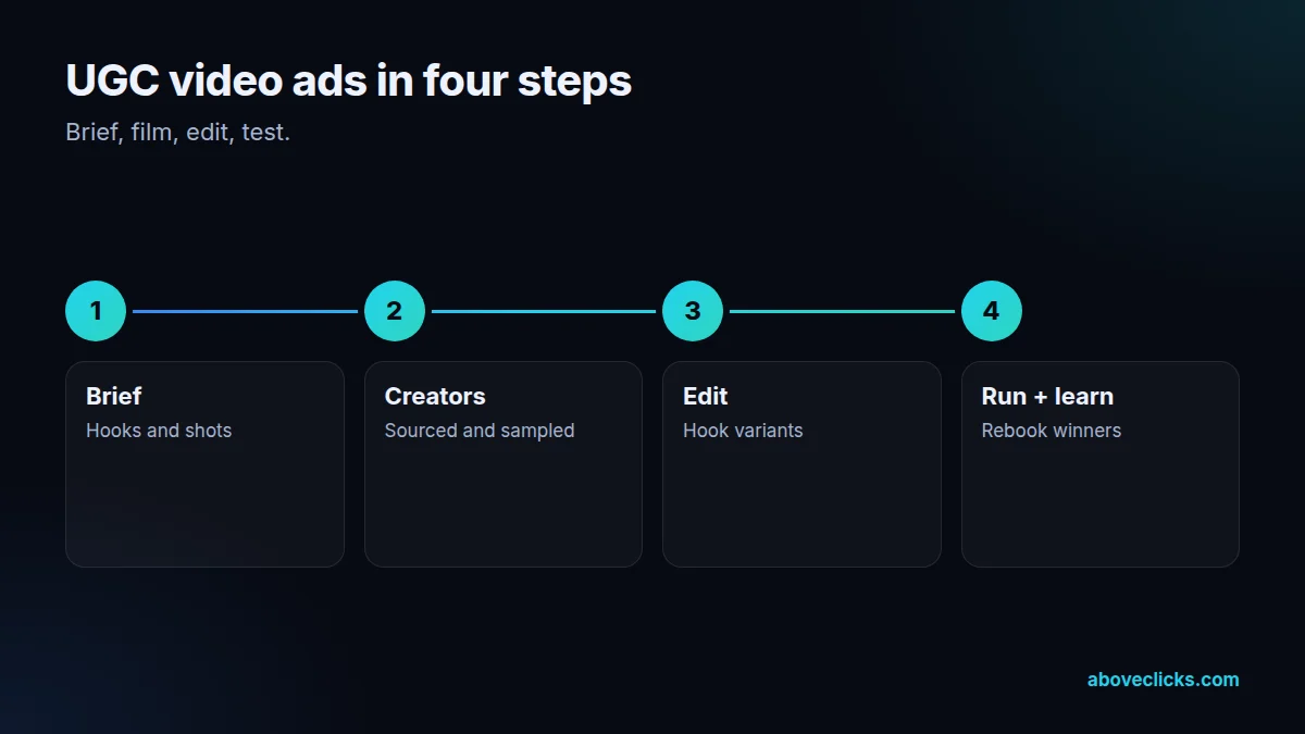 Four steps of UGC video ads: brief, creators, edit, run and learn