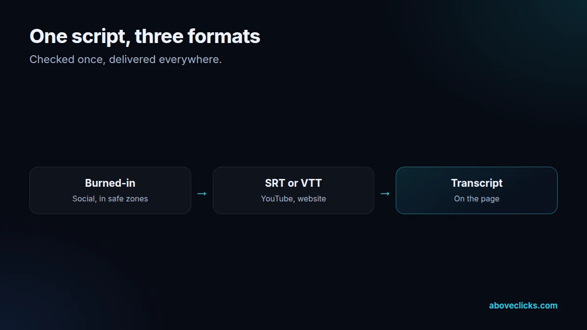 Video caption formats: burned-in captions for social, SRT or VTT files for YouTube and websites, transcripts for the page