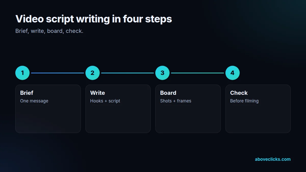 Four steps of video script writing: brief, write, board, check