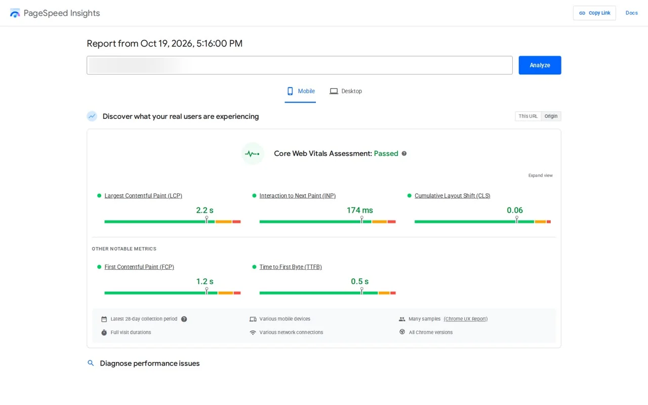 PageSpeed Insights mobile report for the anonymous fashion store’s origin, report from October 19, 2026: Core Web Vitals assessment Passed, Largest Contentful Paint 2.2 s, Interaction to Next Paint 174 ms, Cumulative Layout Shift 0.06