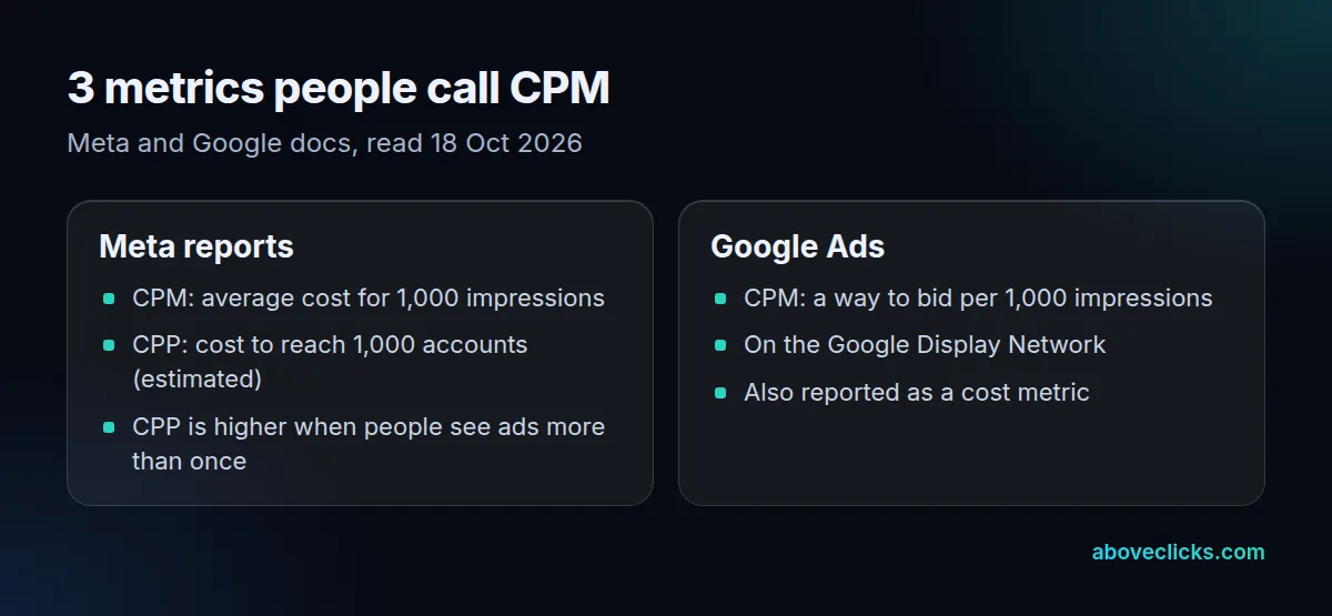 CPM vs CPP vs Google CPM: Meta CPM is cost per 1,000 impressions, Meta CPP is cost to reach 1,000 accounts, Google CPM is a bid strategy paying per 1,000 Display Network impressions