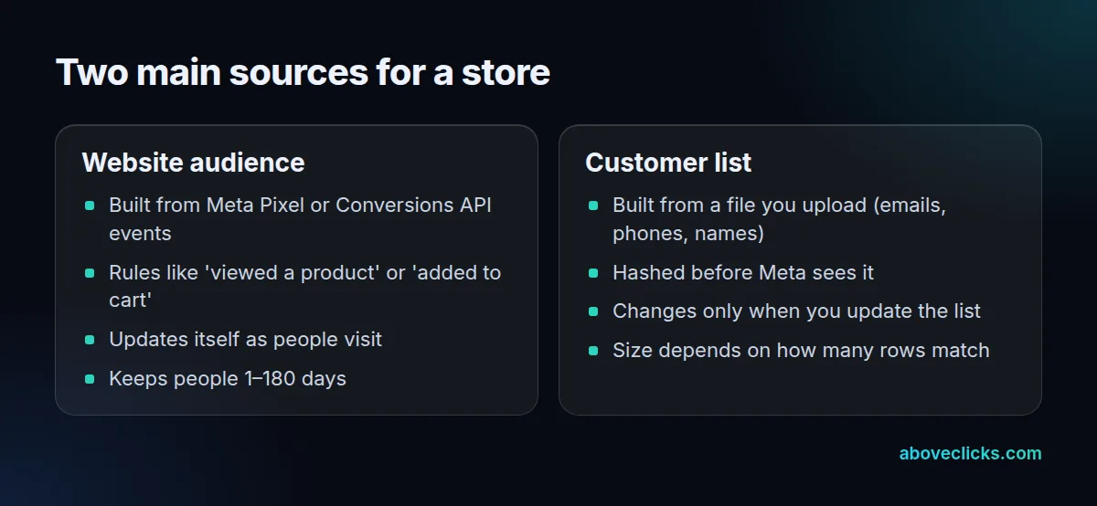 Comparison of a website custom audience built from pixel events and a customer list custom audience built from an uploaded file