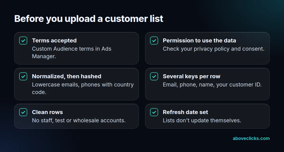 Checklist before uploading a customer list to Meta