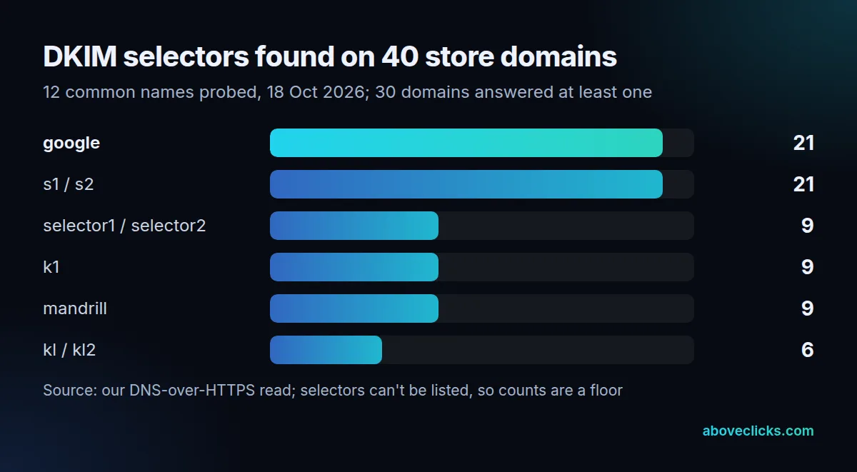 DKIM selector names found on 40 store domains: google 21, s1 and s2 21, selector1 and selector2 9, k1 9, mandrill 9, kl and kl2 6