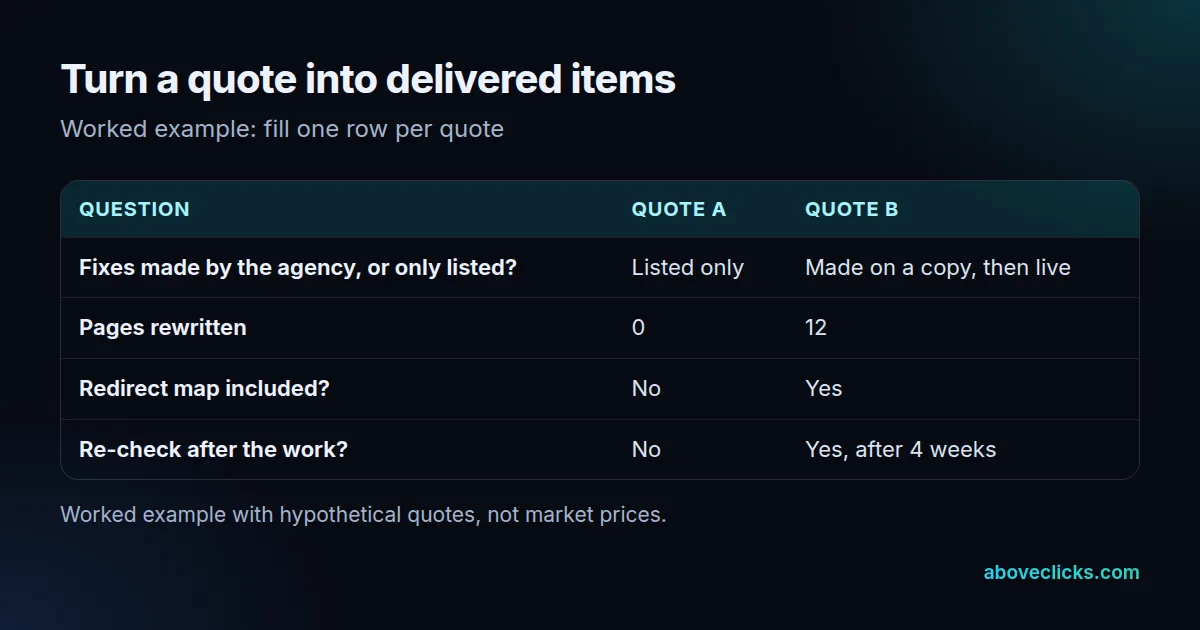 One time SEO project scope worksheet: compare quotes by delivered items, who does the fixes and the re-check