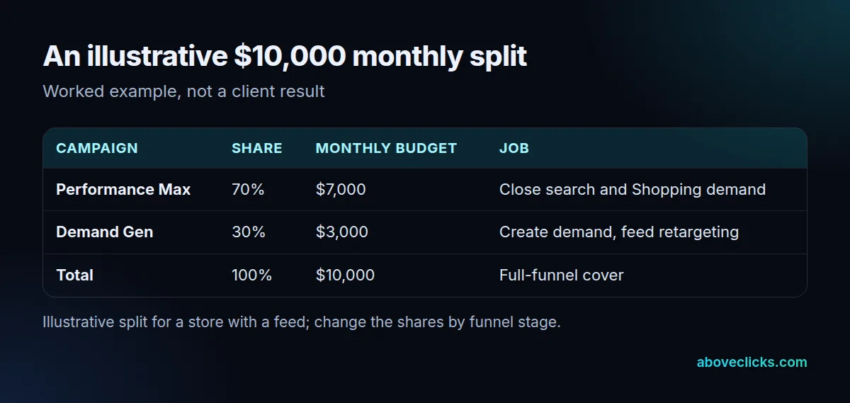 Performance Max vs Demand Gen budget split worked example: 10000 dollars a month split 7000 to Performance Max and 3000 to Demand Gen