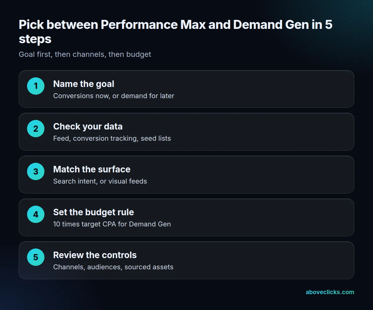 Performance Max vs Demand Gen in 5 steps: name the goal, check your data, match the surface, set the budget rule, review the controls