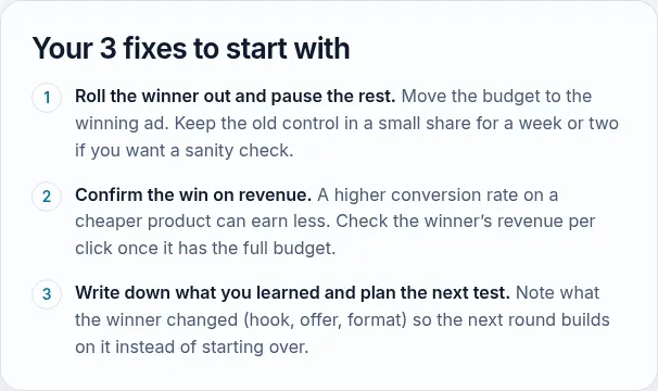 The 3 fixes the AB test significance calculator suggests for the example test