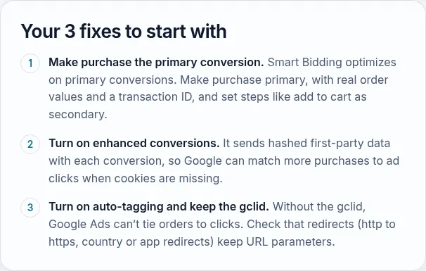 The 3 fixes the tracking health check suggests for the example answers
