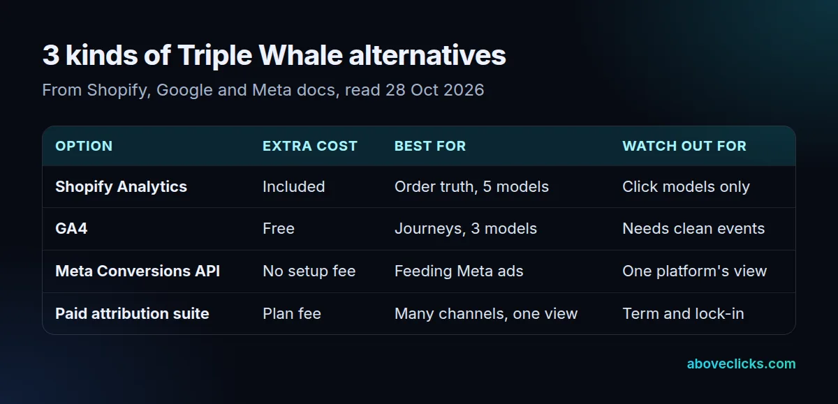 Triple Whale alternatives compared: Shopify and GA4 reports, Meta Conversions API and paid attribution suites, by cost, best fit and limit